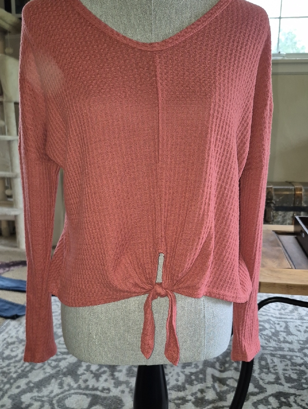 Paper Crane Textured Waffle-Knit Tie-Front Top in Orange.